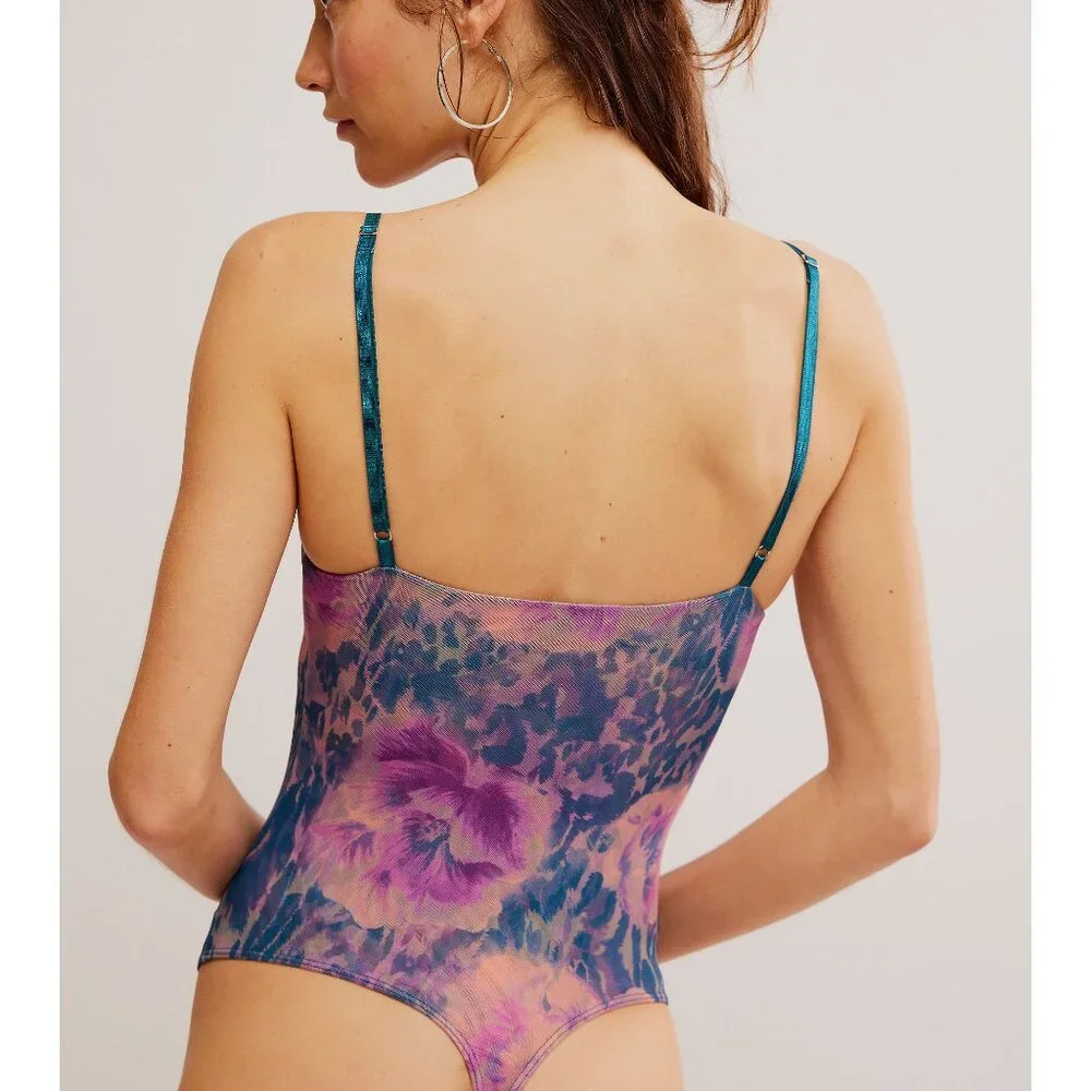 Free People Teal Night Rhythm Green Lace-Print Bodysuit - like new